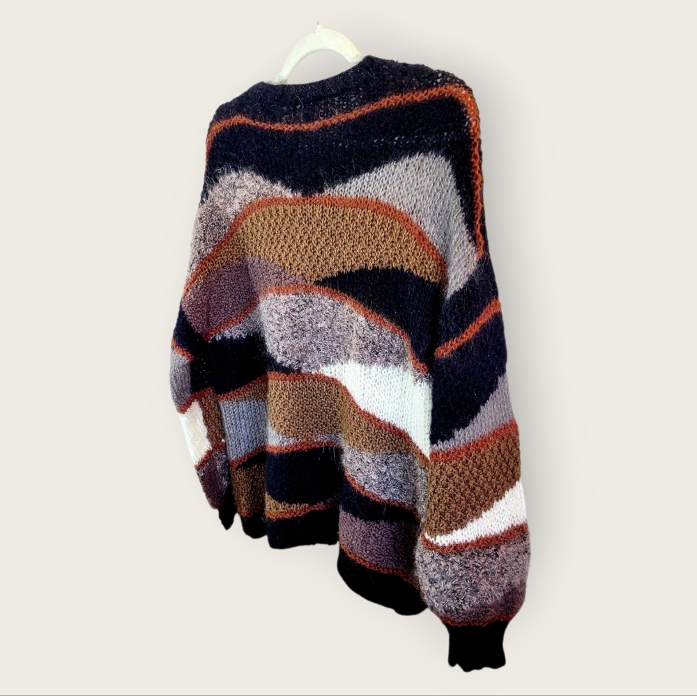 VINTAGE New Zealand Mixed Knit Mohair Geometric Oversized Cardigan Sweater - Picture 6 of 8